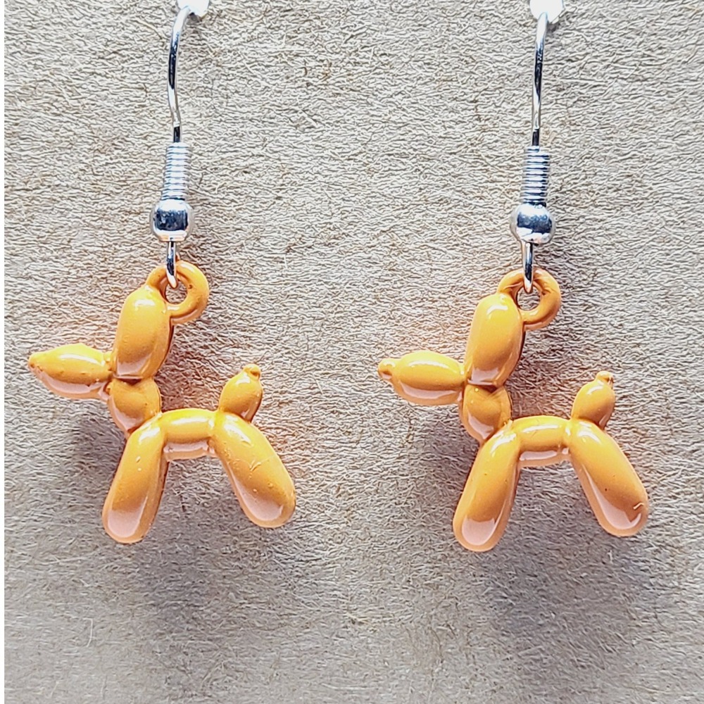 Handmade‎ Orange Balloon Dog Drop Earrings Whimsical Pop Art Dangle Jewelry
